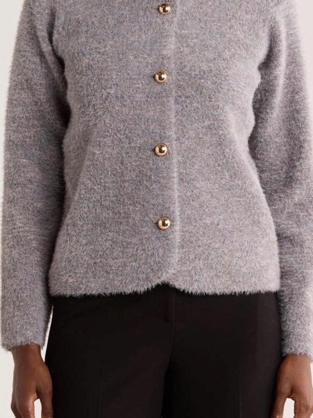Tahari Soft Heather Gray Fuzzy Cardigan with Gold Buttons